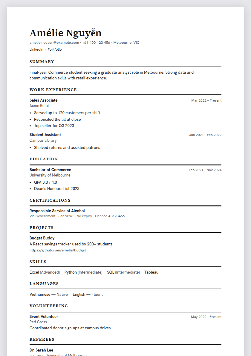 Example StoryReady CV for a fictional graduate named Amélie Nguyễn